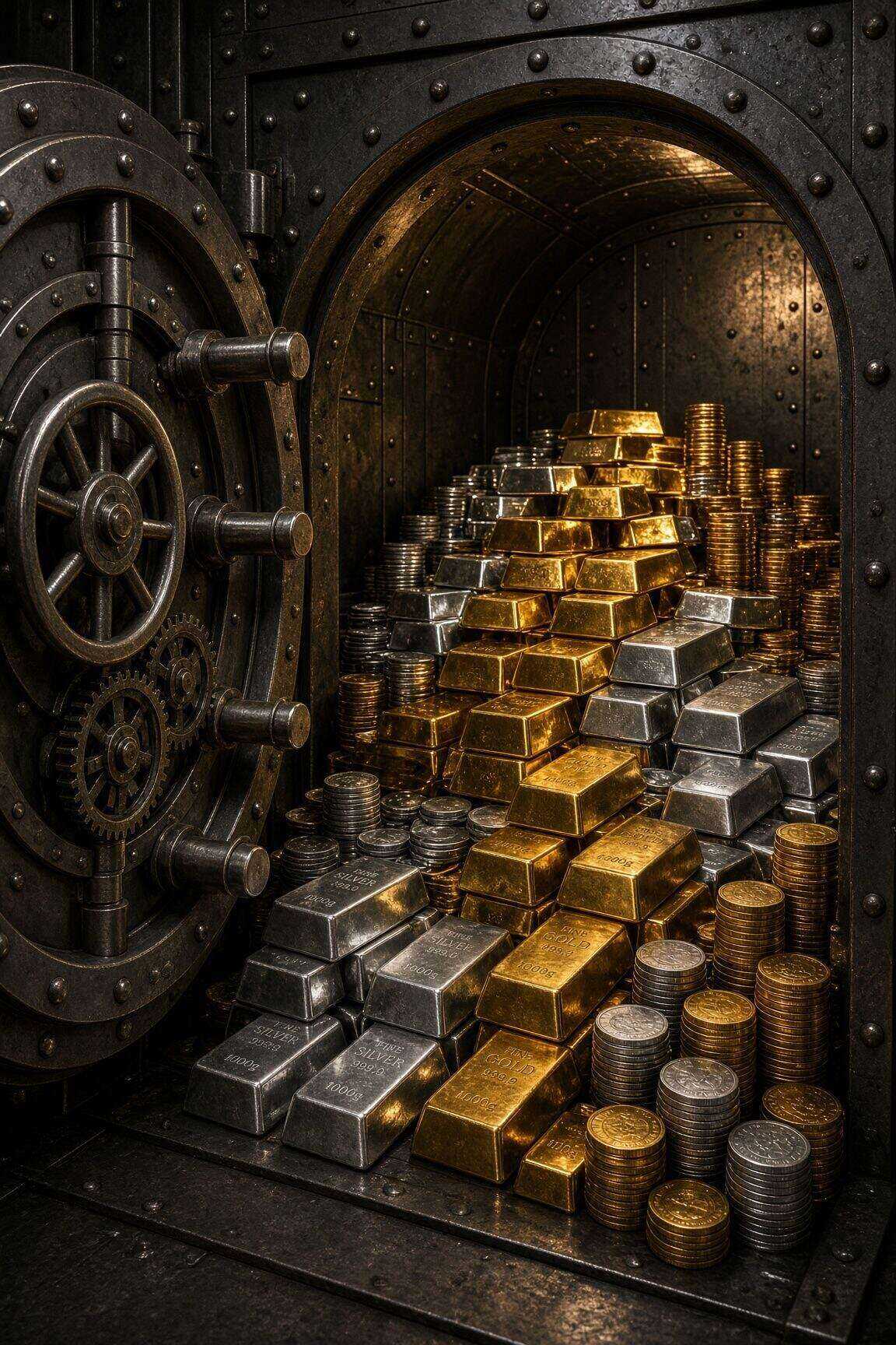 Open bank vault with stacked gold and silver bullion bars and coins